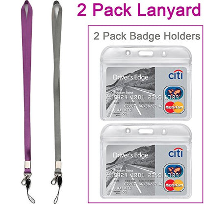 2Pack Horizontal ID Badge Holders with Neck Lanyards with Clip,Purple,Grey - color: Grey&purple