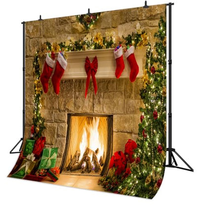 8x8Ft Christmas Themed Fireplace Vinyl Photography Backdrop Photo Background Studio Prop - size: 8X8Ft