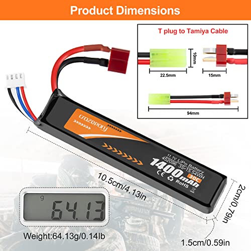 Airsoft Battery 11.1V 1400mAh 30C LiPo with T Plug to Mini Tamiya Cable