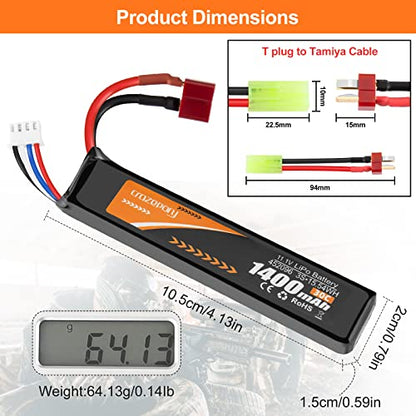 Airsoft Battery 11.1V 1400mAh 30C LiPo with T Plug to Mini Tamiya Cable