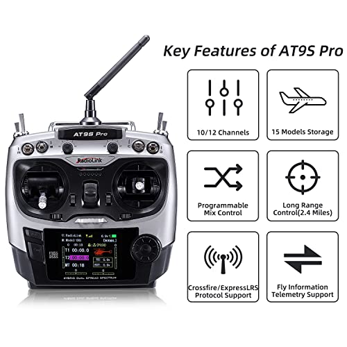 Radiolink AT9S Pro 10/12 Channels 2.4G RC Radio Transmitter and Receiver R9DS Long Range for FPV Racing Drone/Quad/Fixed Wing and More (Mode 2 Left Hand)