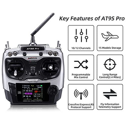 Radiolink AT9S Pro 10/12 Channels 2.4G RC Radio Transmitter and Receiver R9DS Long Range for FPV Racing Drone/Quad/Fixed Wing and More (Mode 2 Left Hand)