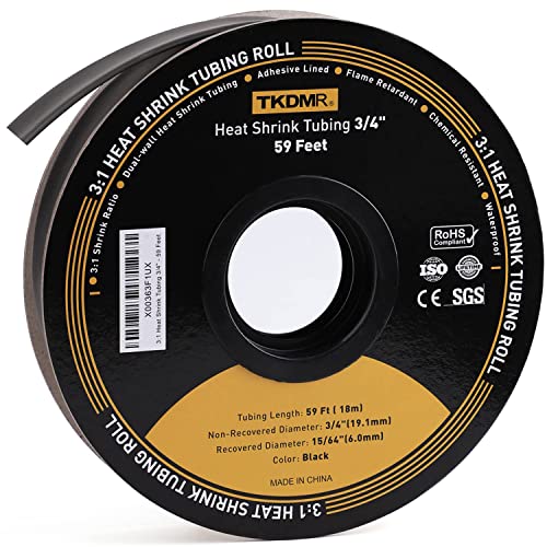TKDMR 59 Ft 3/4" Heat Shrink Tubing - 3:1 Ratio Marine Grade Heat Shrink,Wire Cable Adhesive Lined Tube Insulation Seal Against Moisture Corrosion and Air Leakage.Black - size: 19.1mm (3/4") - 59Ft