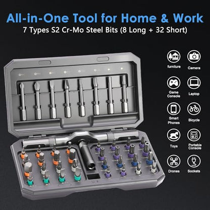 Asnish 42 in1 Magnetic Ratcheting Screwdriver Set with Multi Bit Tool Kit - color: Black-gray, size: 42 In 1