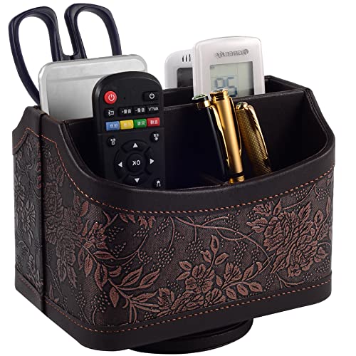 Antique Leather Remote Control Holder 360 Degree Spinning,Desk Rotating Organizer/Caddy for TV Remote Controllers,Pen,Calculator Media Player,DVD,Office Supplies,Mobile Phone Storage Box (Retro) - color: Retro