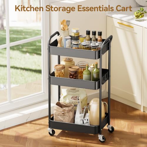 YASONIC 3-Tier Metal Rolling Cart Utility Carts with Wheels Black - color: Black