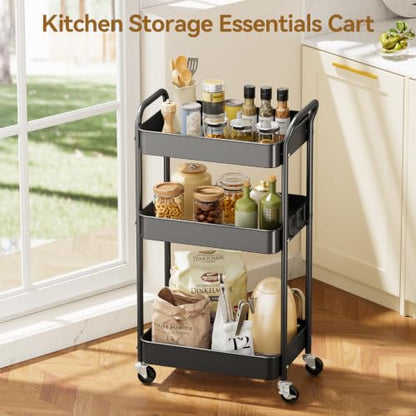 YASONIC 3-Tier Metal Rolling Cart Utility Carts with Wheels Black - color: Black