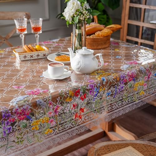 ARTABLE Clear Vinyl Tablecloth Floral Grass Print Wipeable 52 x 70 Inch - color: Flowers, size: 70" x 52" (Rectangular)