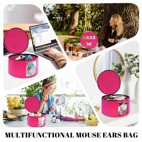 Chenille Letter Bow Mouse Ears Travel Case, Large Round Tote Storage Box - color: Rosy Red