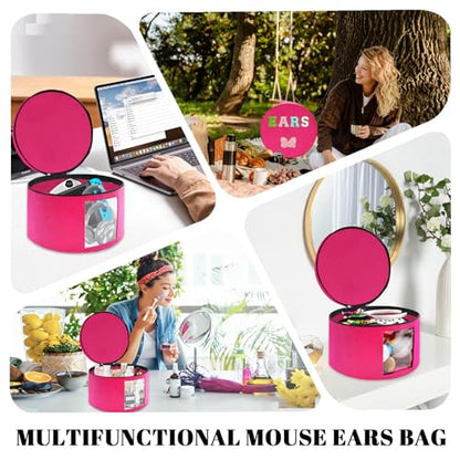 Chenille Letter Bow Mouse Ears Travel Case, Large Round Tote Storage Box - color: Rosy Red