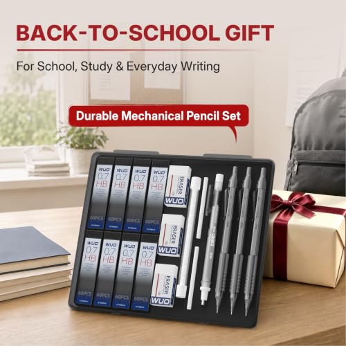 WUO 0.7mm Mechanical Pencil Set, 3 Pack Grey Metal Drafting Pencils - color: Grey, size: 0.7