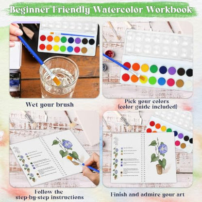 Beginners Watercolor Workbook for Adults, Step-by-Step Coloring Book Set - style: Bouquet