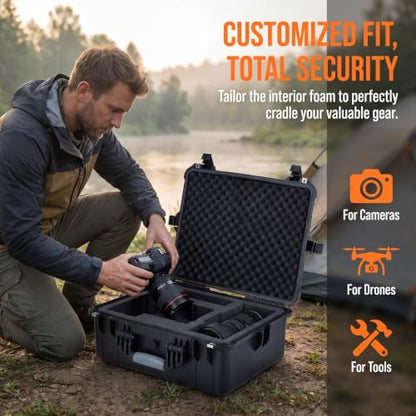 MEIJIA All Weather IP67 Waterproof Hard Camera Case,Hard Protective Case,Hard Case with Customizable Foam,Fit Use of Drones,Camera,Equipments,Pistols(Black,20.62 x16.85x8.11inches) - color: Black, size: 20.62 x16.85x8.11inches