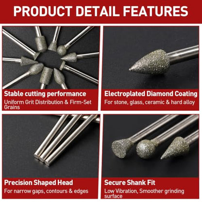 10PCS 120Grit Diamond Grinder Bit Compatible with Dremel Tool - size: 120 Grit 10 Pcs 10 Shapes