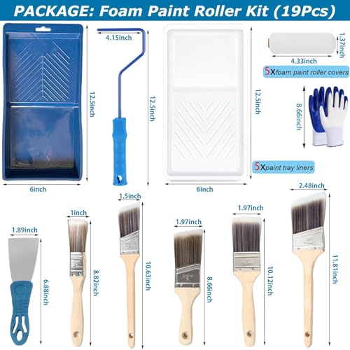 Foam Paint Roller, 19pcs 4 Inch Small Paint Roller Kit and Paint Brushes Mini Paint Foam Roller Refills Paint Trays with Liners High Density Sponge Rollers for Painting Walls