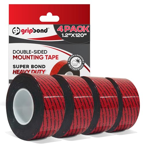 GripBond Black Super Bond Heavy Duty Double Sided Tape, 4 Rolls (10 Ft), 1.2” x 120” – Waterproof Adhesive Mounting Tape for Indoor/Outdoor, Walls, Automotive, Car, LED Strip Lights, Home, Office - color: Black - Super Bond, size: 1.2” x 120” (4 Rolls)