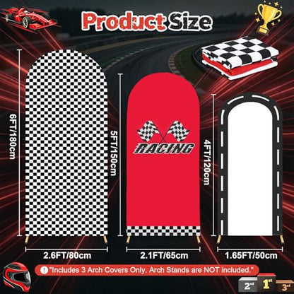 Racing Party Arch Backdrop Cover Set of 3, Spandex 4ft 5ft 6ft Checkered Flag Race Car Chiara Arch Covers for Birthday Baby Shower – Red Black White Stretchy Fitted Round Top Backdrop Cover - color: Black White Checkered Racing Theme Party Arch Raci