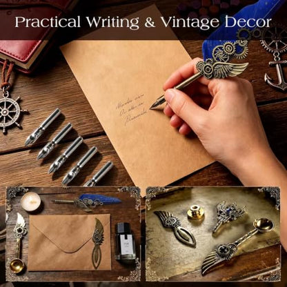 Steampunk Quill,Calligraphy Set,14PCS Stationery Kit,Navy