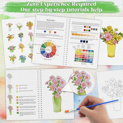 Beginners Watercolor Workbook for Adults, Step-by-Step Coloring Book Set - style: Bouquet