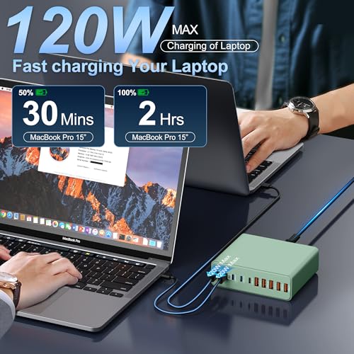 800W USB C Charger Block,10-Port Charging Station - color: Green