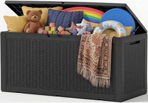 Outdoor Storage Box, 170 Gal Waterproof Resin Deck Box w/Support Rod - color: Black, size: 170 Gallon