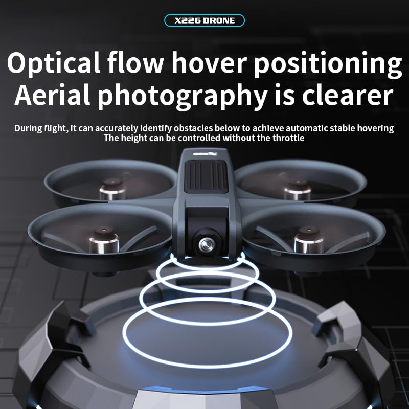 FPV drone equipped with remote controller to support first-person view flight. Built with full propeller protection guard and collision-resistant structure, easy-operation design fits beginners perfectly. Adopts optical flow positioning system and brushle