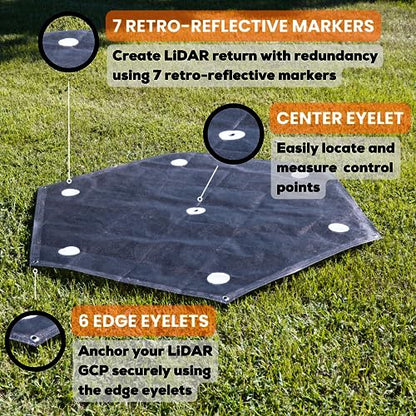 Sky High Bull's-Eye 48” XL LiDAR Ground Control Point GCP - UAV Aerial Target for LiDAR Mapping & Surveying (6 Pack) Retro-Reflective Black Hexagon with Center Eyelet for Mapping & Photogrammetry - size: 48in LiDAR Hexagon (6)