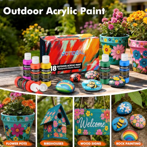 GOTIDEAL Outdoor Acrylic Paint Set, 18 Colors Waterproof Paint 3.4 oz/100ml