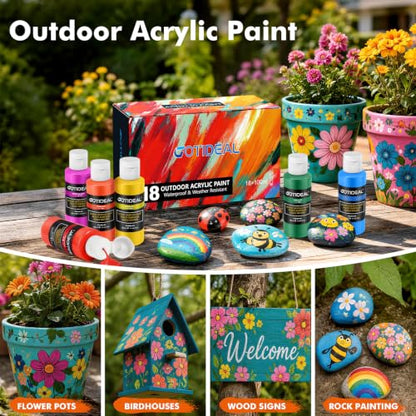 GOTIDEAL Outdoor Acrylic Paint Set, 18 Colors Waterproof Paint 3.4 oz/100ml