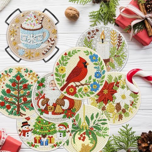 HHMATITS 8 Pcs Christmas Diamond Art Coasters Kit for Adults 4X4IN - color: Christmas