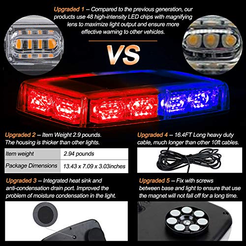 ASPL 48LED Roof Top Strobe Lights, High Visibility Emergency Safety Warning LED Mini Strobe Light bar with Magnetic Base for 12-24V Snow Plow, Trucks, Construction Vehicles (Red/Blue) - color: Red/Blue