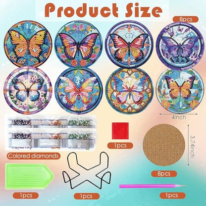 ijbnhd 8 Pcs Butterfly Diamond Painting Coasters Kits with Holder - color: Butterfly