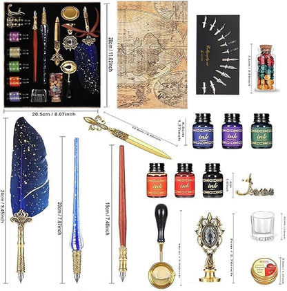 Calligraphy Feather Dip pen set with 6 bottles of ink,Quill Pen,Wooden Dip Pen,Glass Dip Pen,Wax Seal Stamp Kits,Pen Holder,spoon,Letter opener, Christmas Gift for Men&Women - color: Black