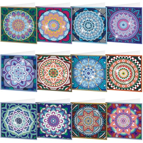 Saillong 12 Pack Mandala Diamond Painting Greeting Card Kits DIY Diamond Art Cards with Envelopes Flower 5D Rhinestones Painting Kits for Adults DIY Crafts Family Friend Birthday Gifts - color: Mandala