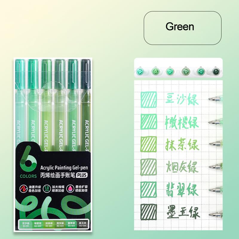 Acrylic Gel Pens for Coloring, 6 Pack 1.0mm Fine Point Gel Pen Set - color: Green