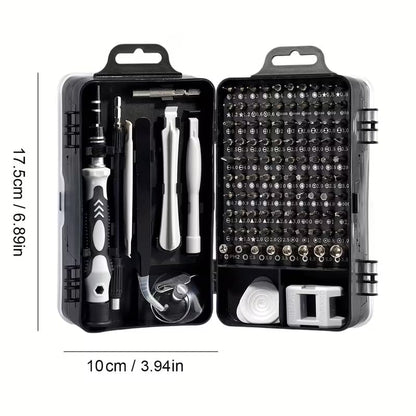 A comprehensive screwdriver kit with 115 tools, designed for versatility and high durability. This multifunctional disassembly kit includes irregular drill bits - color: Black