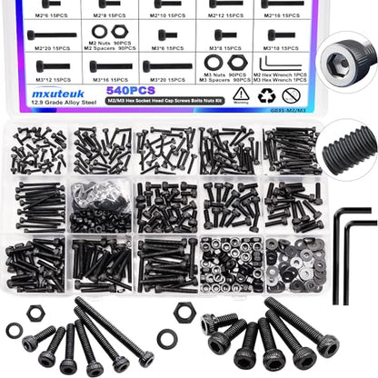 mxuteuk 540PCS M2 M3 Metric Screws Assortment Set Suitable for 3D Printer DIY,Hex Socket Head Cap Screws Bolts Nuts Kit,12.9 Grade Alloy Steel Black Zinc Plated Assorted Screws with Hex Wrench - size: 540PCS M2 M3