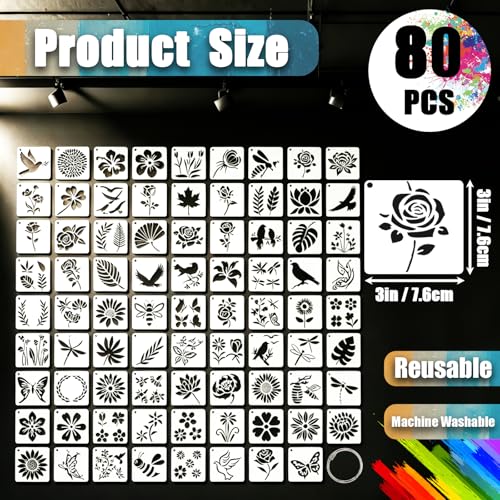 80 PCS Small Botanical Stencils for Crafts Painting Reusable - size: 80 Pcs (3*3in)