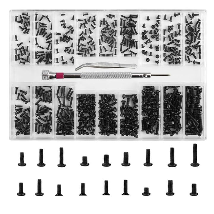 500 Pcs Micro Glasses Screws Repair Kit, M1.2 M1.4 M2 with Tweezers, Black