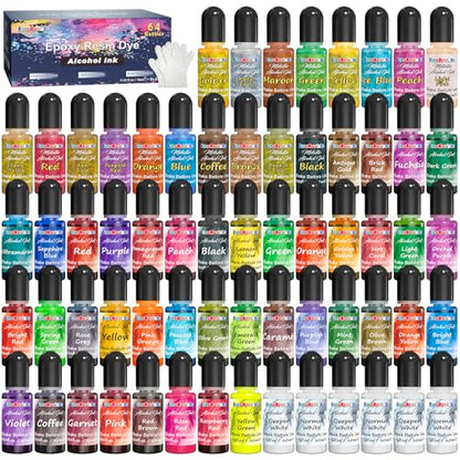 FansArriche Alcohol Inks for Resin, 64 Colors Alcohol Ink Set, 10 ml Each