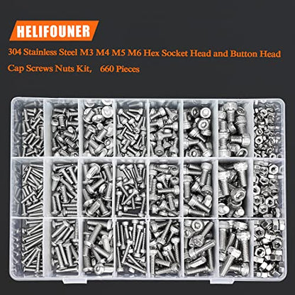 HELIFOUNER 660 Pieces M3 M4 M5 M6 Hex Socket Head Screws and Button Head Socket Cap Screws Nuts Assortment Kit, 304 Stainless Steel - size: M3 M4 M5 M6