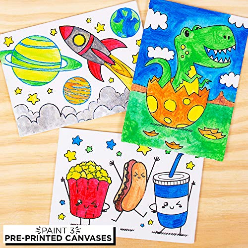 Horizon Group USA Pre-Printed Canvas & Paint Art Set. Ready to Paint 5" x 7" Canvas Panels, 12 Tempera Paints, 6 Easy-Grip Assorted Paintbrushes Included. Dino, Space & Food. - style: Dino-Space-Food