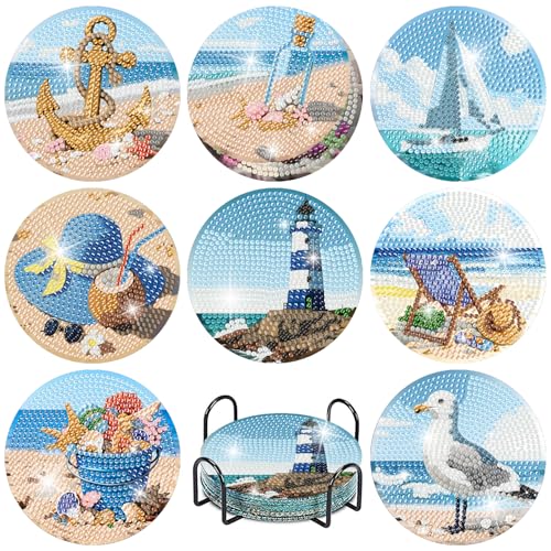 askkqtx 8 Pcs Beach Diamond Art Coasters Kits with Holder 4X4 Inch - color: BDWY355
