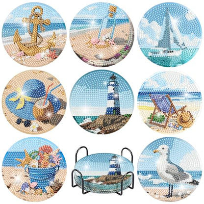 askkqtx 8 Pcs Beach Diamond Art Coasters Kits with Holder 4X4 Inch - color: BDWY355