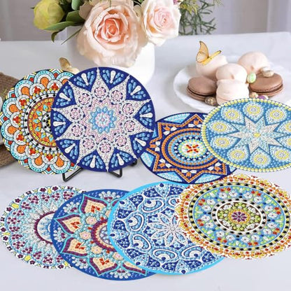 8Pc Diamond Art Coasters Holder Cork Pads, Diamond Painting Coasters 4x4 In - color: Boho Mandala Diamond Art Coasters