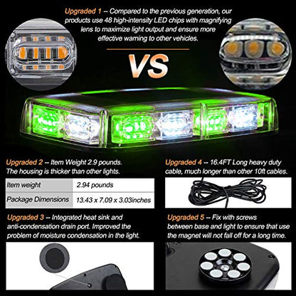ASPL 48LED Roof Top Strobe Lights, High Visibility Emergency Safety Warning LED Mini Strobe Light bar with Magnetic Base for 12-24V Snow Plow, Trucks, Construction Vehicles (Green/White) - color: Green/White