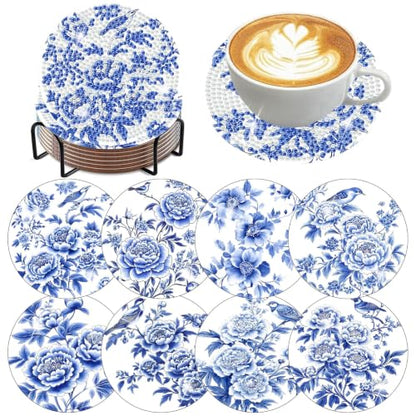 8 Pack Diamond Art Coasters, Blue Flowers Diamond Painting Coasters - color: Blue Flowers Coasters