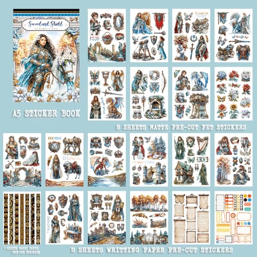 Dwpetzo Medieval Fantasy Sticker Book for Journaling, Collage, A5 Sheets - color: Sword and Shield