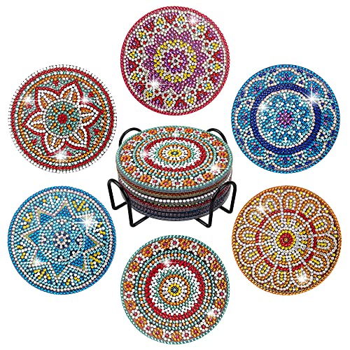 Temlum 6pcs Diamond Art Coasters Kits for Adults with Holder, Mandala - color: Mandala Coasters With Holder