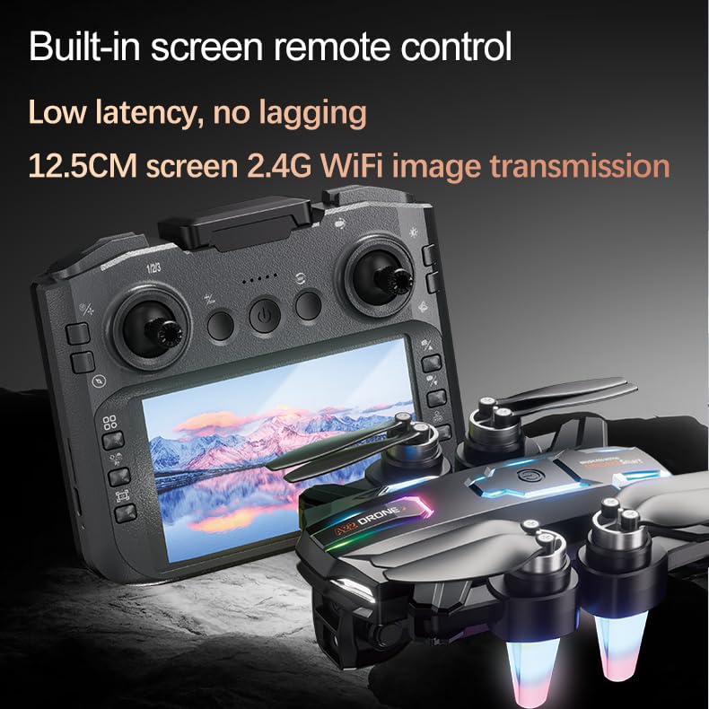 Foldable Drone with 8K ESC Dual Camera, Built‑in Screen Remote Controller, Brushless Motor, 4‑Way Obstacle Avoidance, Optical Flow Hover, 90° Adjustable Lens, RGB Night Lights Quadcopter for Adults Beginners